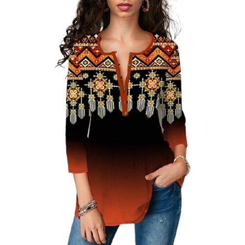 Plus Size 3XL 4XL 5XL Boho Print 3/4 Sleeve Tshirt Womens Split V-Neck 3D Digital Printing Tshirts New Spring Tops 2021 Clothing