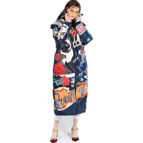 Women Winter Long Thick Duck Down Jacket and Coat Femme Cartoon Cat Print Harajuku Feather Puffer Jacket Down Parka 505