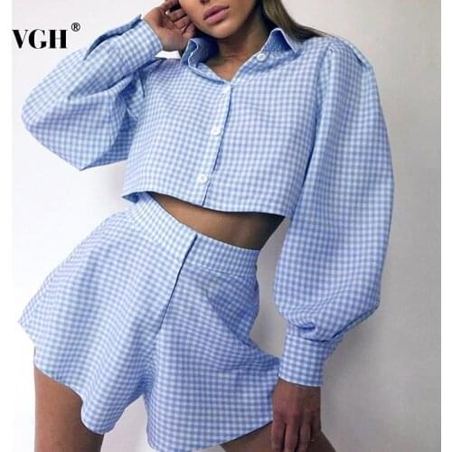 VGH Casual Blue Plaid Two Piece Set For Women Lapel Lantern Long Sleeve Tops High Waist Shorts Loose Sets Female 2021 Summer New