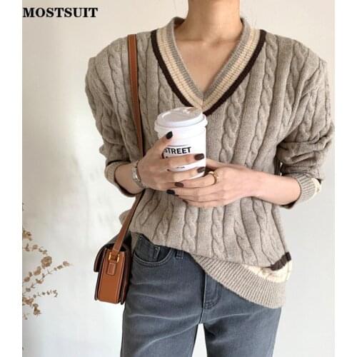 Vintage Chic V-neck Pullover Sweater Women Full Sleeve Striped Knitted Tops Jumpers Korean Loose Female Knitwear 2021 Winter