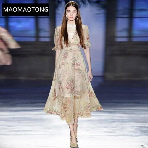 Fashion Designer Summer Chiffon Vacation Dress Womens Puff Sleeve Lace Splicing Flower Print Vintage Party Midi Dress