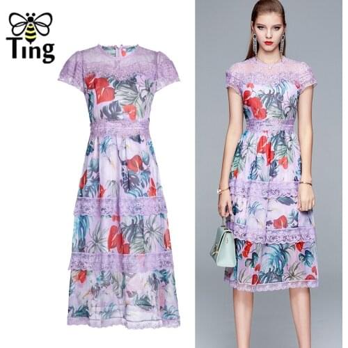 Tingfly Vintage Elegant Beading Lace Patchwork Floral Midi Length Dress Summer Short Sleeve A Line Dresses Vestidos Plus Size ZA