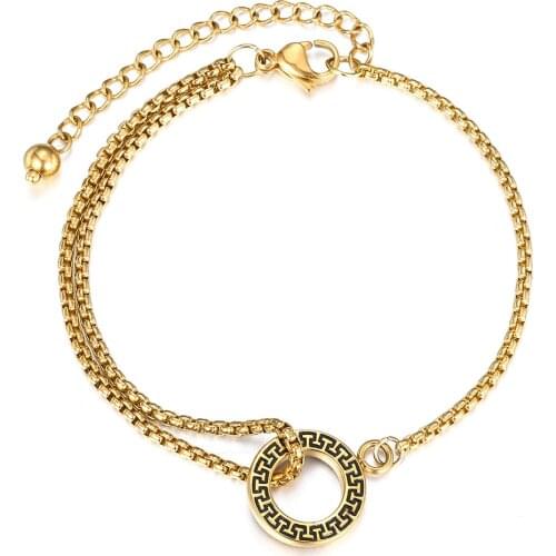 Gold Stainless Steel Pattern Charm Pendant Bracelet For Men Women Layered Box Link Chain Casual Jewelry TBS013
