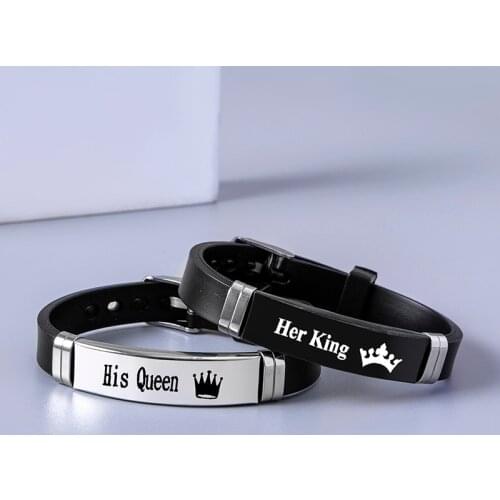 2 Pcs/Set Trendy Sport Silicone Couple Bracelet Bangle Black White Crown Her King His Queen Stainless Steel Bracelets Gift