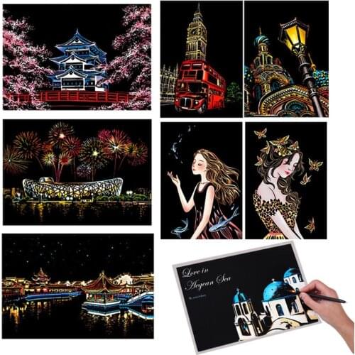 4 Pcs/lot Kids Drawing Toys Travel Around The World DIY Magic Colorful Scratch Art Painting Paper with Stick Kids Coloring Sets