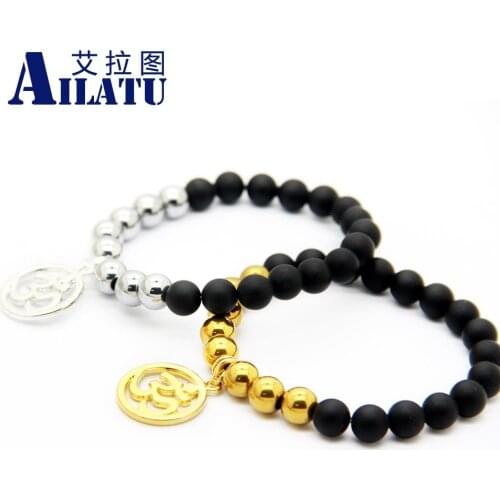 Ailatu Men Jewelry Matte Glass with Hematite Stone Beads Om Charm Yoga Bracelet