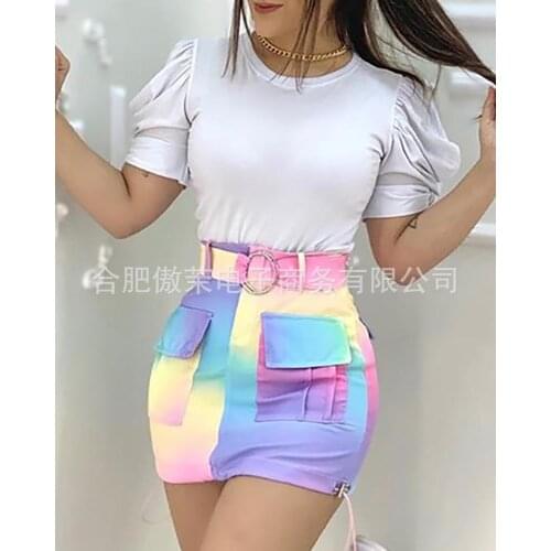 White shirt + color skirt with belt