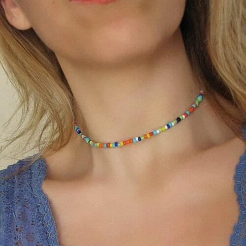 Bohemia Small Rainbow Beaded Necklaces For Women Boho Short Choker Necklace Female Holiday Beach Fashion Jewelry AM3109