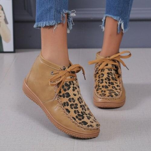 2020 Women Leopard Ankle Boots Female Cross Tied Pu Leather Sewing Shoes Ladies Non-Slip Lace Up Short Boot Casual Comfort