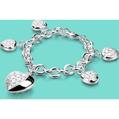 Fashion 925 Sterling Silver Bracelet Female Cute Heart-Shaped Pendant Bracelet Solid Silver Chain Silver Womens Jewelry