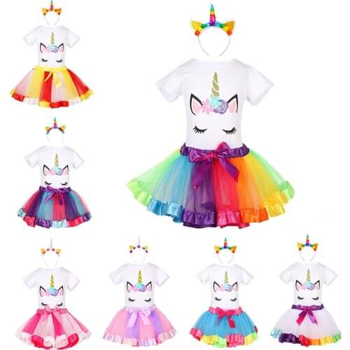 Girls Unicorn Tutu Princess Dress Kids Rainbow Summer Short Sleeve Top T Shirt Dresses Outfits Children Summer Party Clothes Set