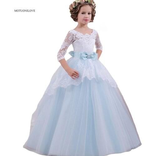 3/4 Long Sleeves Lace Lovely Girls Pageant Gown Child Birthday Party Evening Dress Jewel Bow Light Sky Blue Kid Long Formal Gown