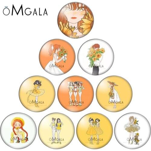 Fshion Cartoon Sunflower Gilrs 10pcs 12mm/14/16/18mm/20mm/25mm Round photo glass cabochon demo flat back Making findings