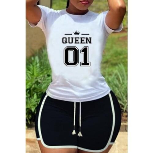 T-Shirt Shorts Two-Piece Suit Women 01 Alphanumeric Printing T-Shirt Tide Brand Drawstring Shorts Suit Women