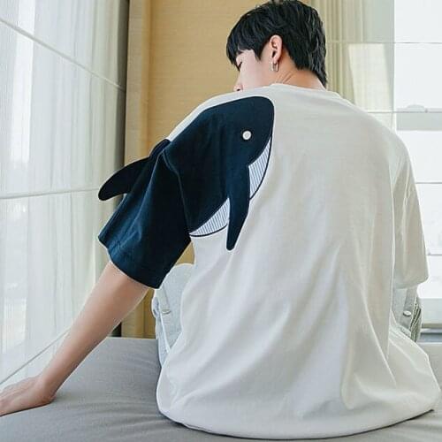 Cotton Summer Style Patchwork T-shirt with Round Neck and Short Sleeves Embroidered Cartoon Whale Trend Loose Half Sleeve Top