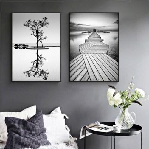 Two pieces black and white canvas paintings lakeside landscape and tree wall art picture printing poster sofa background decor