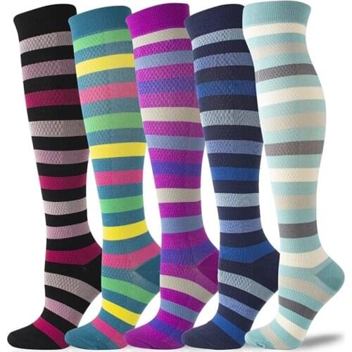 Kawaii Color Striped Nursing Compression Socks Men Women Cartoon Cycling Running Nylon Sports Socks Happy Funny Christmas Gifts