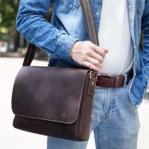 Coffee Shoulder Bags For Men Designer Bag Genuine Leather Messenger Bag Men Vintage Simple Mens Crazy Horse Skin Square Bag