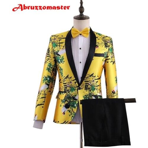 Animal Print Man Suit Yellow Print Groom Tuxedos Shawl Lapel Groomsman Suit Custom Made Wedding Suit(Jacket+pants