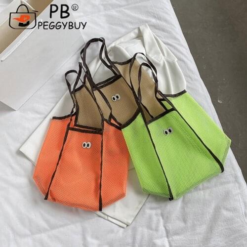 Fashion Mesh Hollow Out Shoulder Bag Women Solid Color Large Capacity Handbags Cartoon Eyes Patchwork Tote Bag