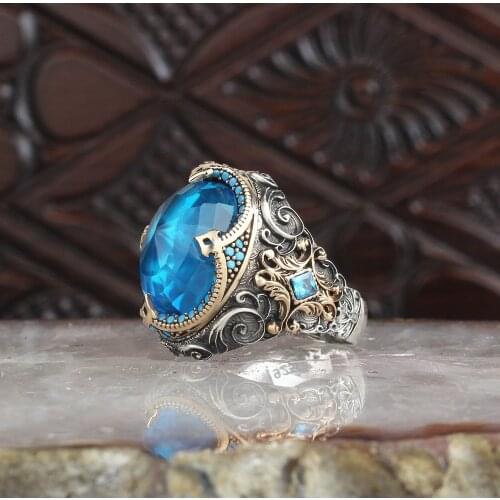 Quality Workmanship Pattern Blue Topaz 925 Sterling Silver Men 'S Ring