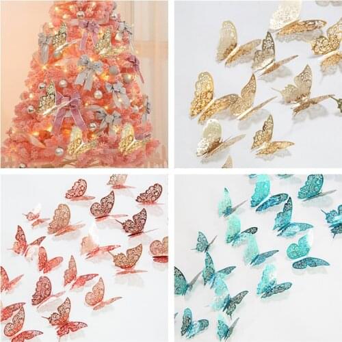 12pcs 3D Hollow Butterfly Wall Stickers Christmas Tree Decoration Noel Xmas Party Decor for Home Navidad Ornaments New Year Gift