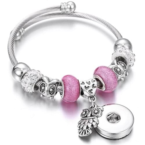 New Snap Jewelry Bracelets Owl Metal Beaded Snap Bracelet Cuff Bangle Fit 18MM Snap Button Jewelry Beads Making Jewelry