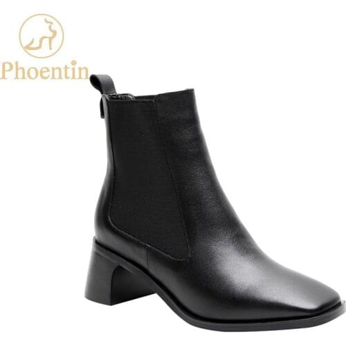 Phoentin 2020 new style boots chelsea women square toe mid heeled ankle boots elastic band genuine leather female shoes FT828