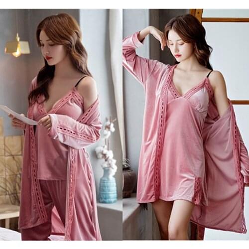 Fdfklak Golden Velvet 4 Pieces Pajamas Sexy Home Wear Women Underwear Set Bathrobe And Chemise Autumn Pijamas Pyjama Femme