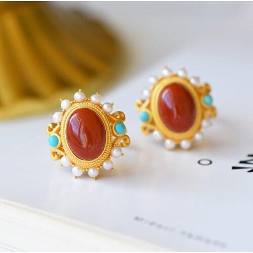 Natural South Red Egg Surface Oval Ring Womens S925 Sterling Silver Ancient Style Thick Gold Inlaid Natural Pearl Turquoise