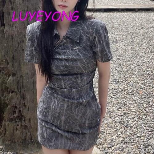 Sexy Women Lapel Collar Skew Zippers Slim Harajuku Short Sleeve Dresses Gray Gothic Tie Dye Lady Hollow Out Mini Summer Dress