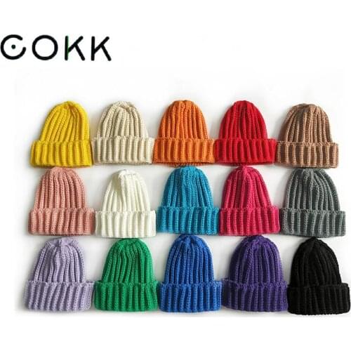 COKK Hat Girls Autumn Winter Hats For Children Boys Girls Knitted Beanie Bonnet Solid Candy Color Winter Cap Skullies Beanies