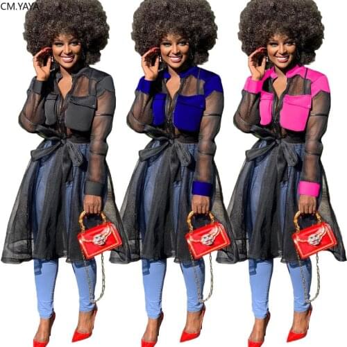 CM.YAYA Women Sexy Mesh See Though Patchwork Long Sleeve High Waist Knee Length Blouse Dress Club Party Night Dresses Vestidos