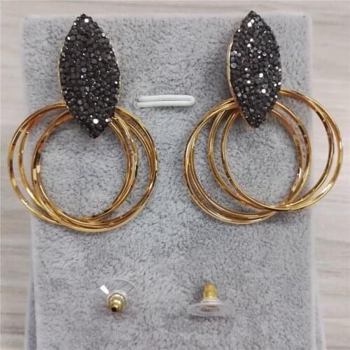 Stylish Layers Hollow Round Loops Black Rhinestone Leaf Charms Gold Color Studs Top 51Mm Big Dangle Earrings For Women