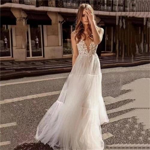 Tulle Wedding Dress A-Line Gown with V-Neck Lace Sleeveless Bridal Gowns 2021 Open Back Свадебное платье