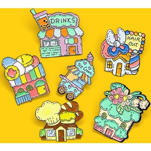 Cute Fun Drink Pearl Hair Cut ice cream Shop Enamel Pin Pharmacy Florist Bakery Dessert Shop Brooch For women Badge Jewelry Gift