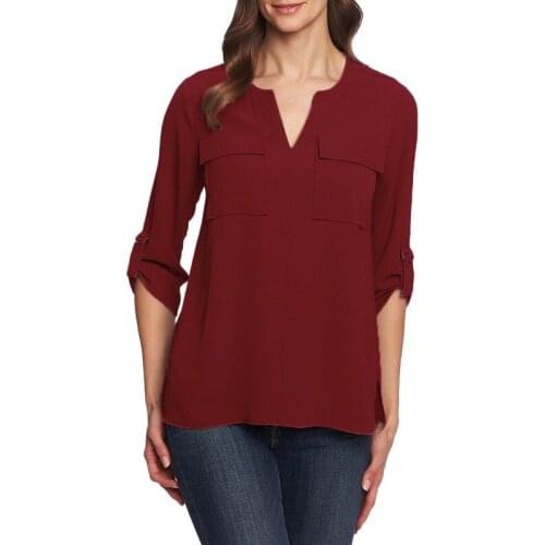 Women V Neck Chiffon Blouse Autumn Spring Foldable Sleeve Pockets Shirts Casual Solid Loose Tops Blaus
