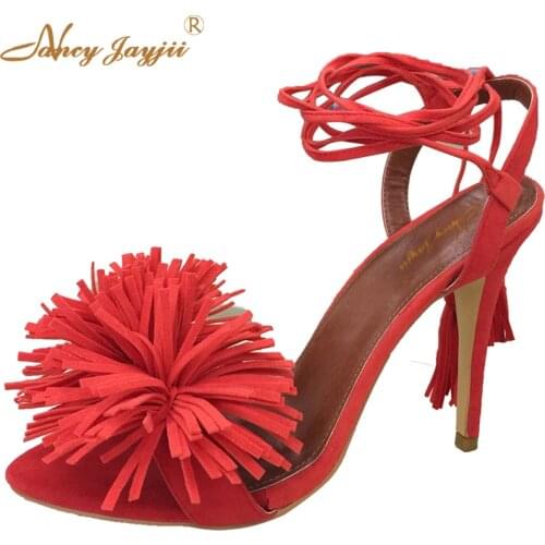 Women Red Sandals Open Toe Flowers Shoes Woman Sexy Full Grain Leather Womens Lace Up Stiletto Heel Party Plus Size Nancyjayjii