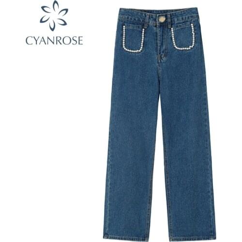 Pearl Trim Pockets High-Waisted Denim Straight Pants Women 2021 Summer Korean Fashion Casual Wide Leg Jeans Wild Retro Trousers