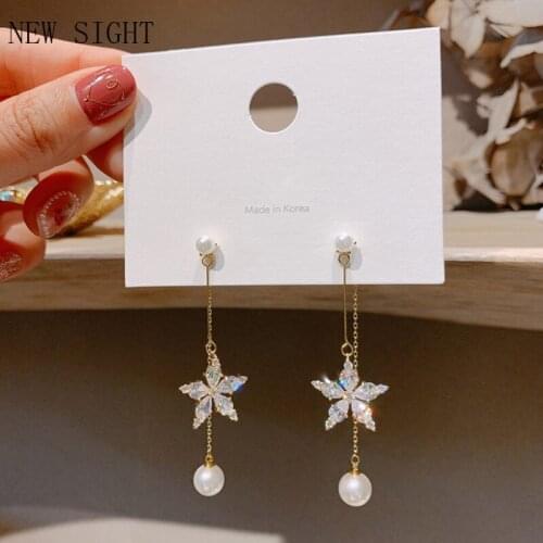 14K Gold Plated Delicate Jewelry Flower Stud Earrings for Women Elegant Cubic Zircon Long Pearl Earrings