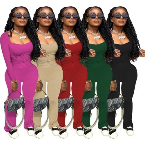 Sexy Two Piece Set Autumn Women Solid Color Long Sleeve Slim T-Shirt Casual Flared Pants Matching Set Female Streetwear Outfits