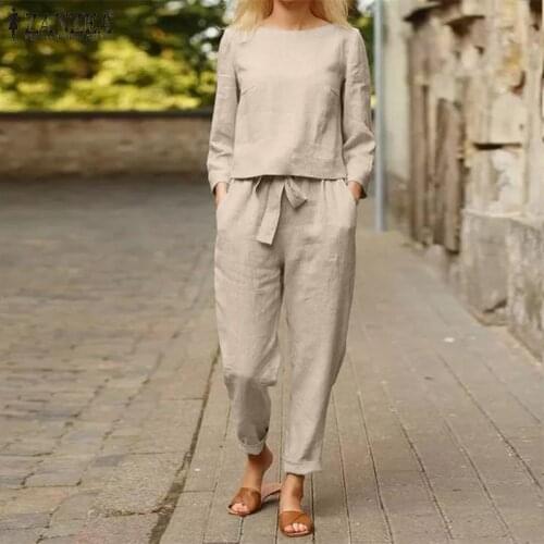 Kaftan 2PCS Women Suits Solid Blouses ZANZEA 2021 Long Sleeve Shirts and Elastic Waist Long Pants Female Tunic Pantalon Oversize