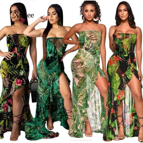 Summer Beach Floral Print Sheer Mesh Irregular Ruffles Dress Women Sexy Strapless Backless High Slit Long Party Dresses Vestidos
