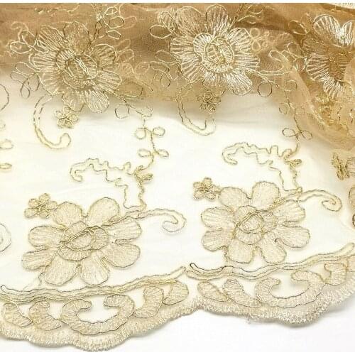 Allover Golden Embroidered Lace Fabric Tulle Lace Gold Metallic Fabric for Womens Dress 120cm
