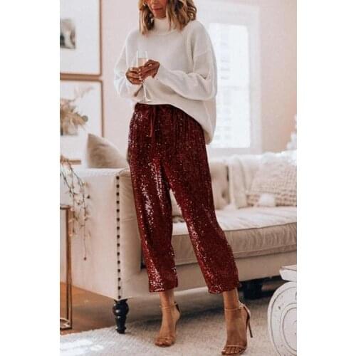 2020 Women Fashion Loose Ruffled Pants High Waist Drawstring Drawstring Legs Nightclub Shiny Pants Women Feet Pants Pencil Pants