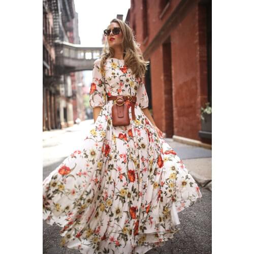 2020 Top Fashion Spring Polyester A-line Vadim Dress Womens Dress Fashion Hot Sale Round Neck A- Line Sleeve Print Long Women
