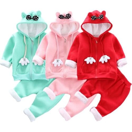 2021 Toddler Cute Girls Winter Warm Clothing Set Thick Plus Velvet Cartoon Palm Bow Hooded Jacket + Pants 2Pcs Suit For Kids