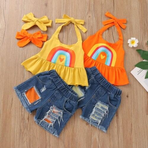 2021 Summer 3Pcs Toddler Baby Girl Clothes Suit Set Rainbows Kids Princess Floral Suspenders Bow Denim Shorts Children Suit