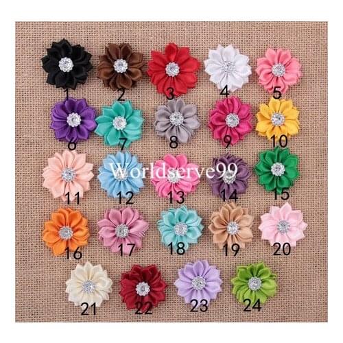 30X Satin Ribbon Flower Leaf Rhinestone Appliques 3.5CM DIY Sewing Wedding Decor Craft Accessories