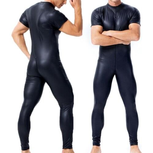 3XL Gay Bodysuits Wetlook Faux Leather Zipper Open Crotch PVC Jumpsuits Lingerie Crotchless Latex Catsuit Fetish Bodystocking